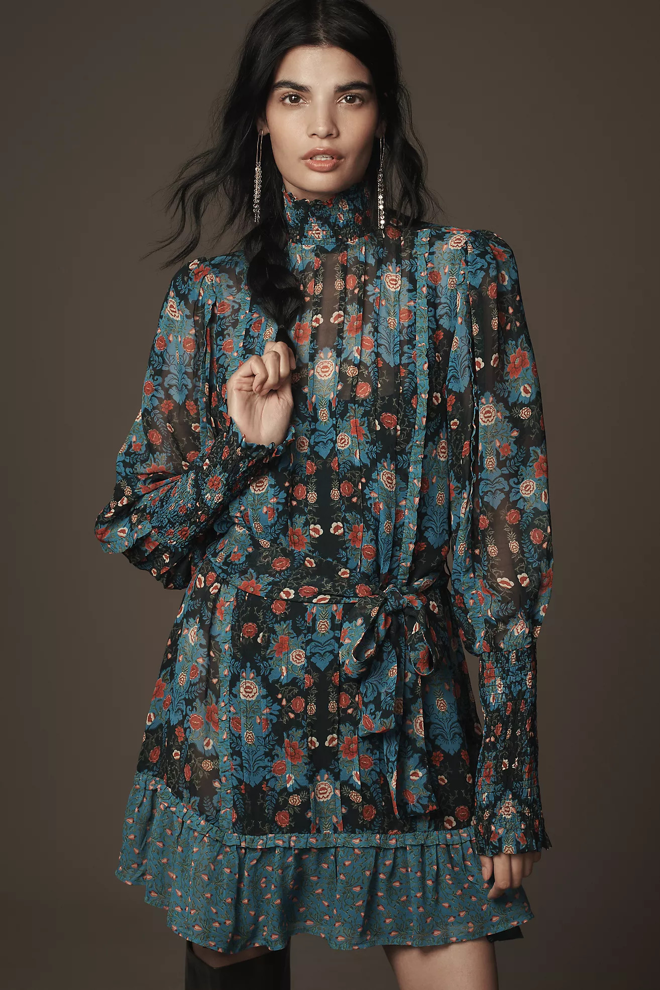 Farm Rio Arabesque Floral Long-Sleeve High-Neck Mini Dress | Anthropologie (US)