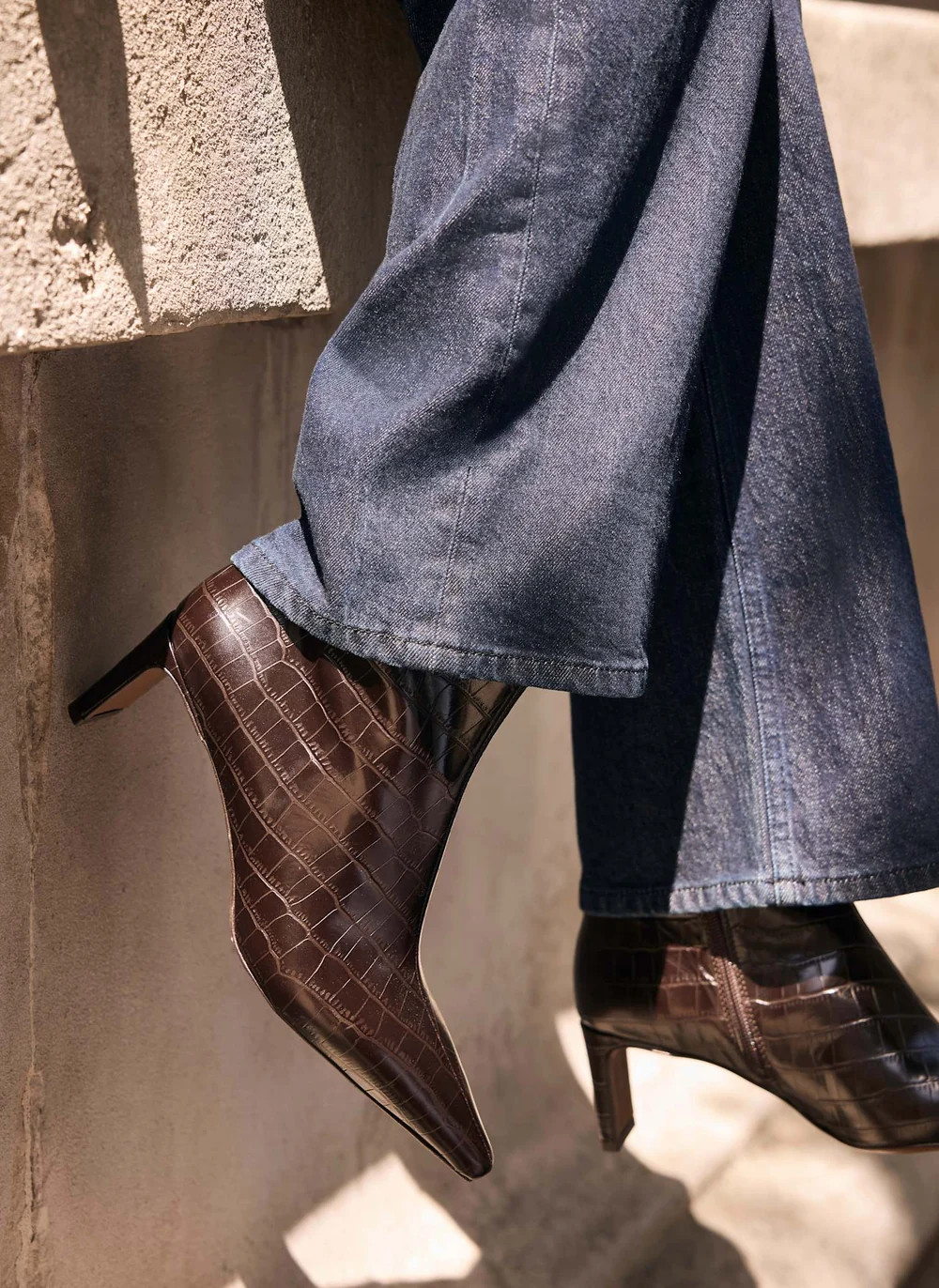 Macy Brown Leather Croc Effect Ankle Boots | Mint Velvet