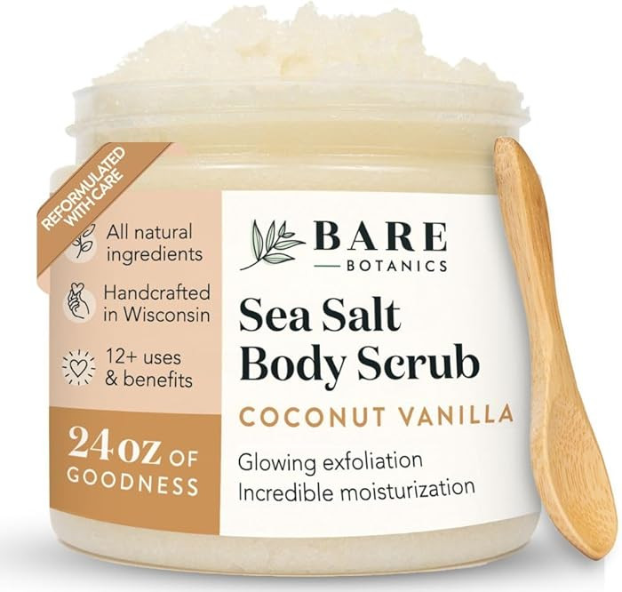 Bare Botanics Coconut Vanilla Body Scrub 24oz | Made in Madison, WI | All Natural Sea Salt Exfoli... | Amazon (US)