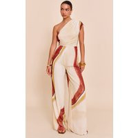 Cream Abstract Chiffon One Shoulder Ruched Jumpsuit | PrettyLittleThing IE