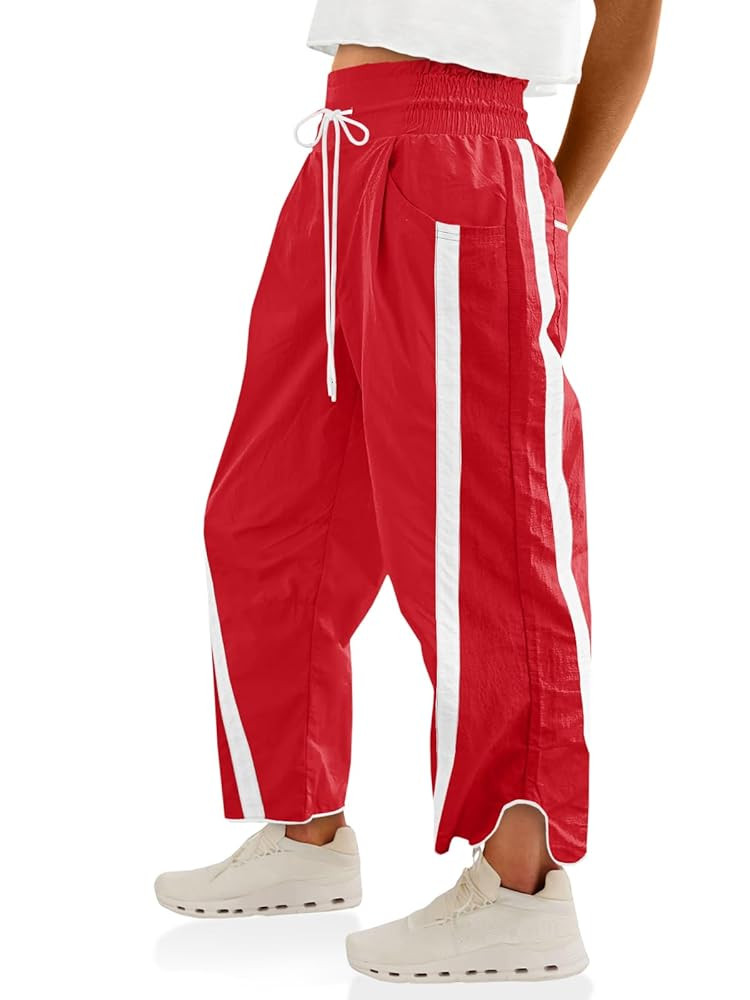 Fisoew Women's Baggy Wide Leg Pants Casual Drawstring Elastic Waisted Contrast Color Workout Y2K ... | Amazon (US)