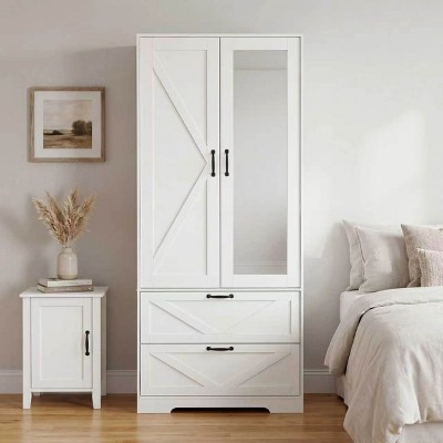 JVNOXK White 2-Door Wood Wardrobe with Mirror, Built-in Induction Light, Hanging Rod & 2 Drawers, Multifunctional Bedroom Storage Closet | Target