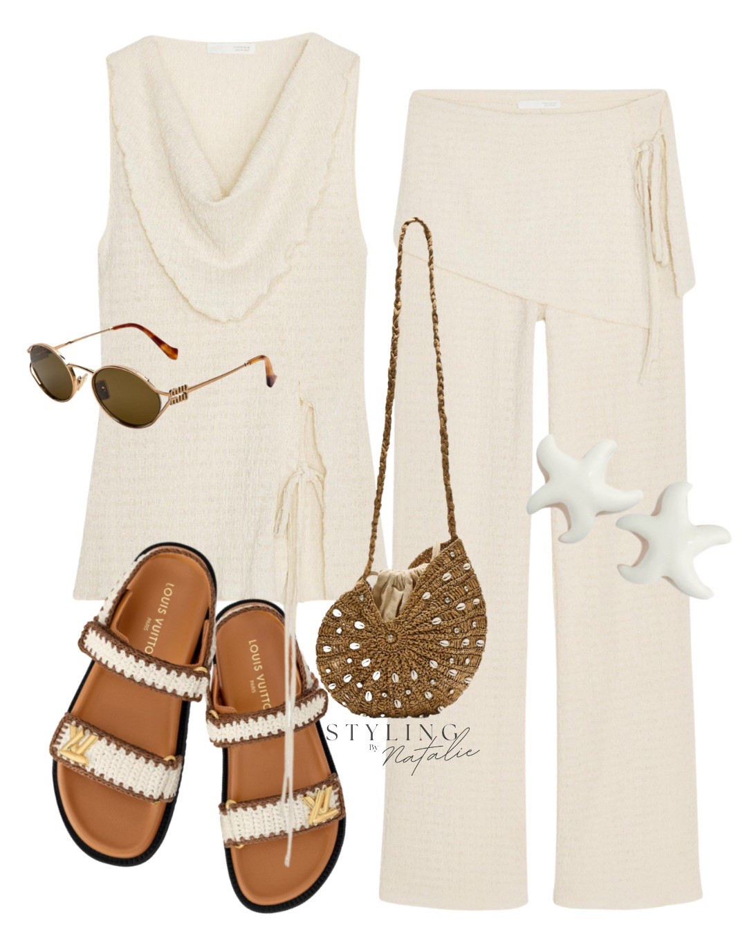 Neutral co ord outfit 🐚 
Matching top and trousers, crochet dad sandals, seashell woven bag, starfish shape earrings, Miu Miu sunglasses. Boho chic, Laid-back luxe, earthy tones, textured knits, coastal accessories, casual chic, beach co ord, holiday outfit, vacation style. Zara, summer outfit.

#LTKsummer #LTKuk #LTKstyletip