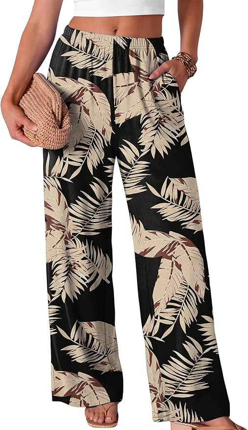 Wide Leg Pants for Women Flowy Palazzo Elastic Waist Trousers with Pockets Summer Spring Outfits | Amazon (US)