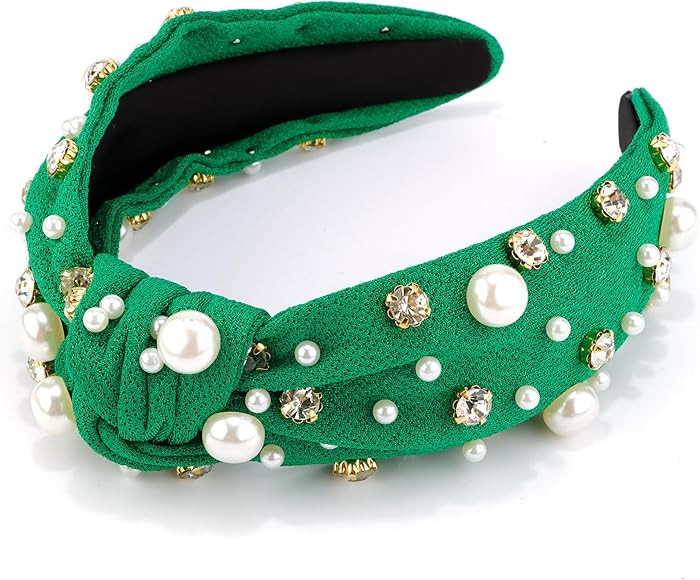 VELSCRUN Green Headband Knotted Pearl and Rhinestone Headbands for Women and Girls - White Crysta... | Amazon (US)