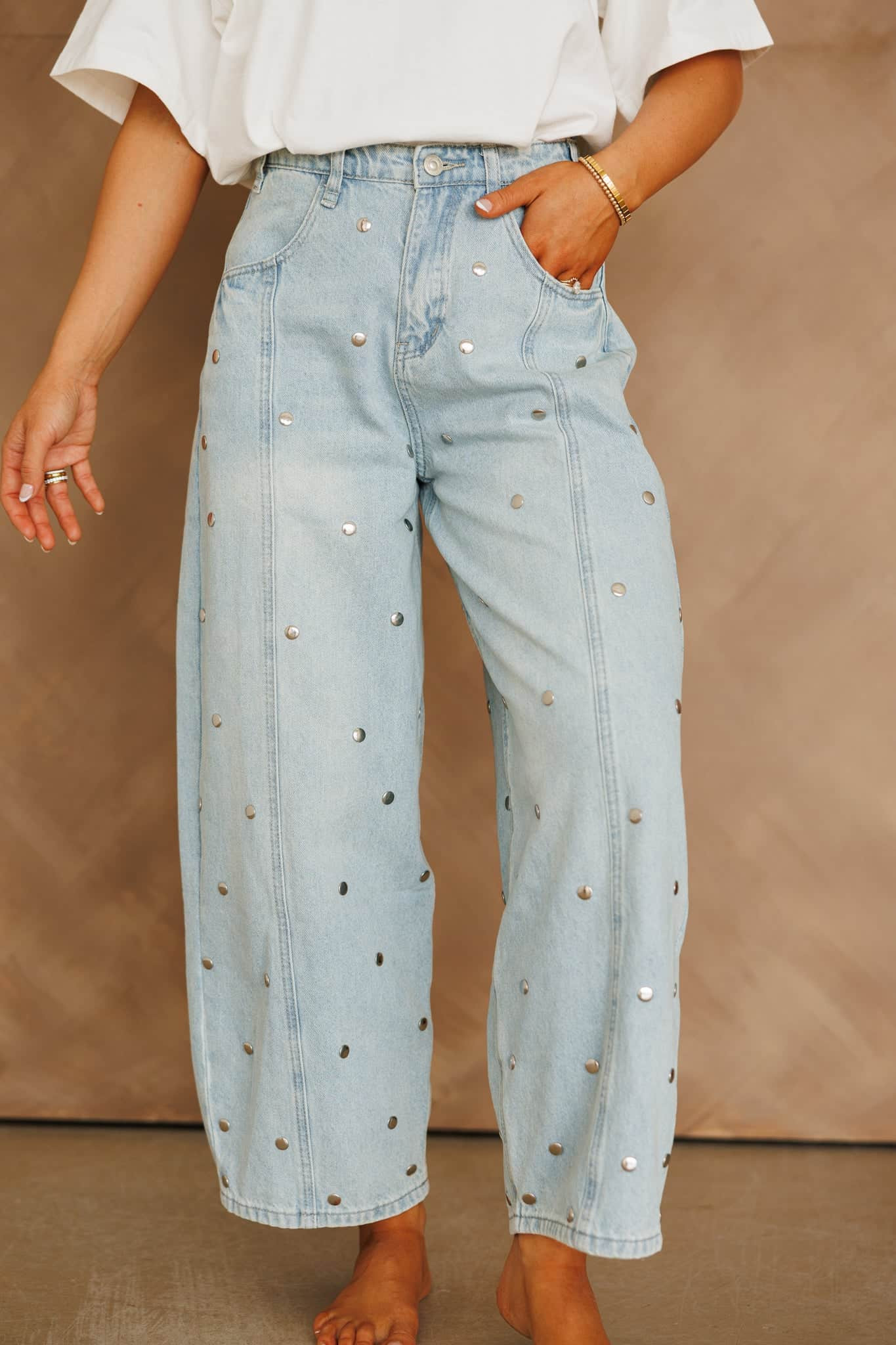 Studded Barrel Denim Pants | Lane 201 Boutique