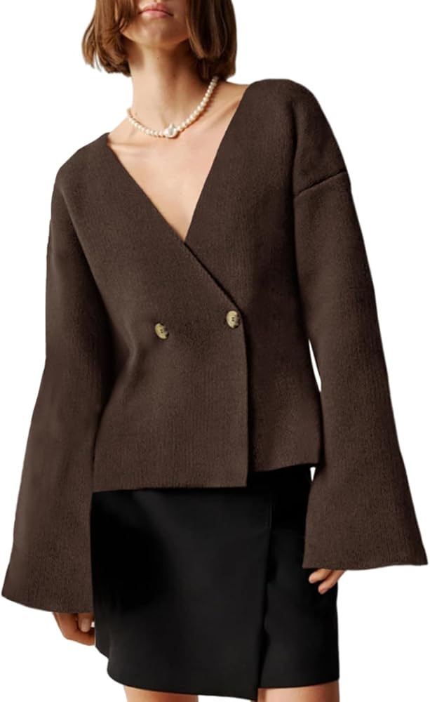 Saodimallsu Womens V Neck Cardigans Long Bell Sleeve Button Down Open Front Loose Knit Fall Sweat... | Amazon (US)