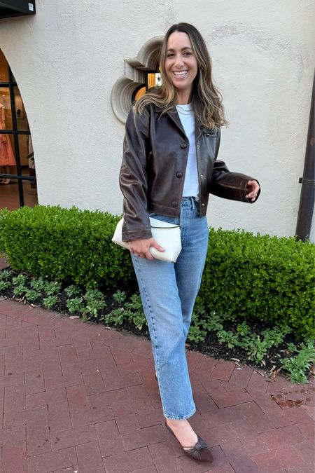 Outfit links for my leather jacket, jeans, white bag, and brown mules 

#LTKSeasonal #LTKstyletip