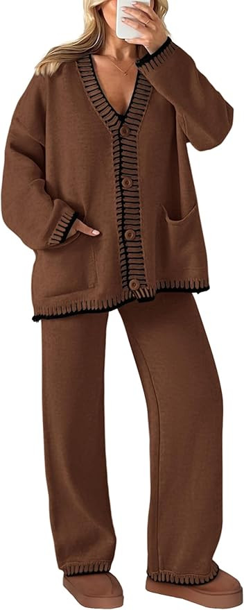 PRETTYGARDEN Women's 2 Piece Outfits Knit Matching Lounge Sets Long Sleeve V Neck Cardigan Sweate... | Amazon (US)