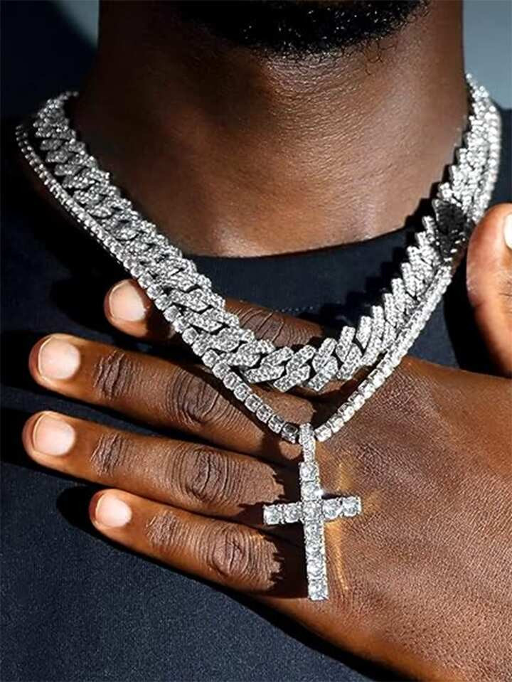 Hip Hop 2pcs Cross Tennis Chain 14MM  For Men Women Iced Out 2 Row  Link Chain Necklaces Couple J... | SHEIN