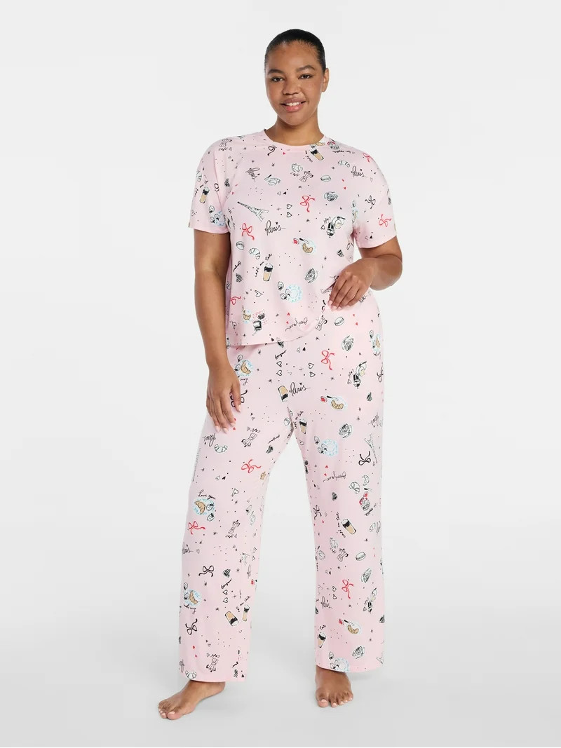 Joyspun Women's Dreamy Soft Collection Short Sleeve Sleep Top and Open Leg Pants Pajama Set, 2-Pi... | Walmart (US)