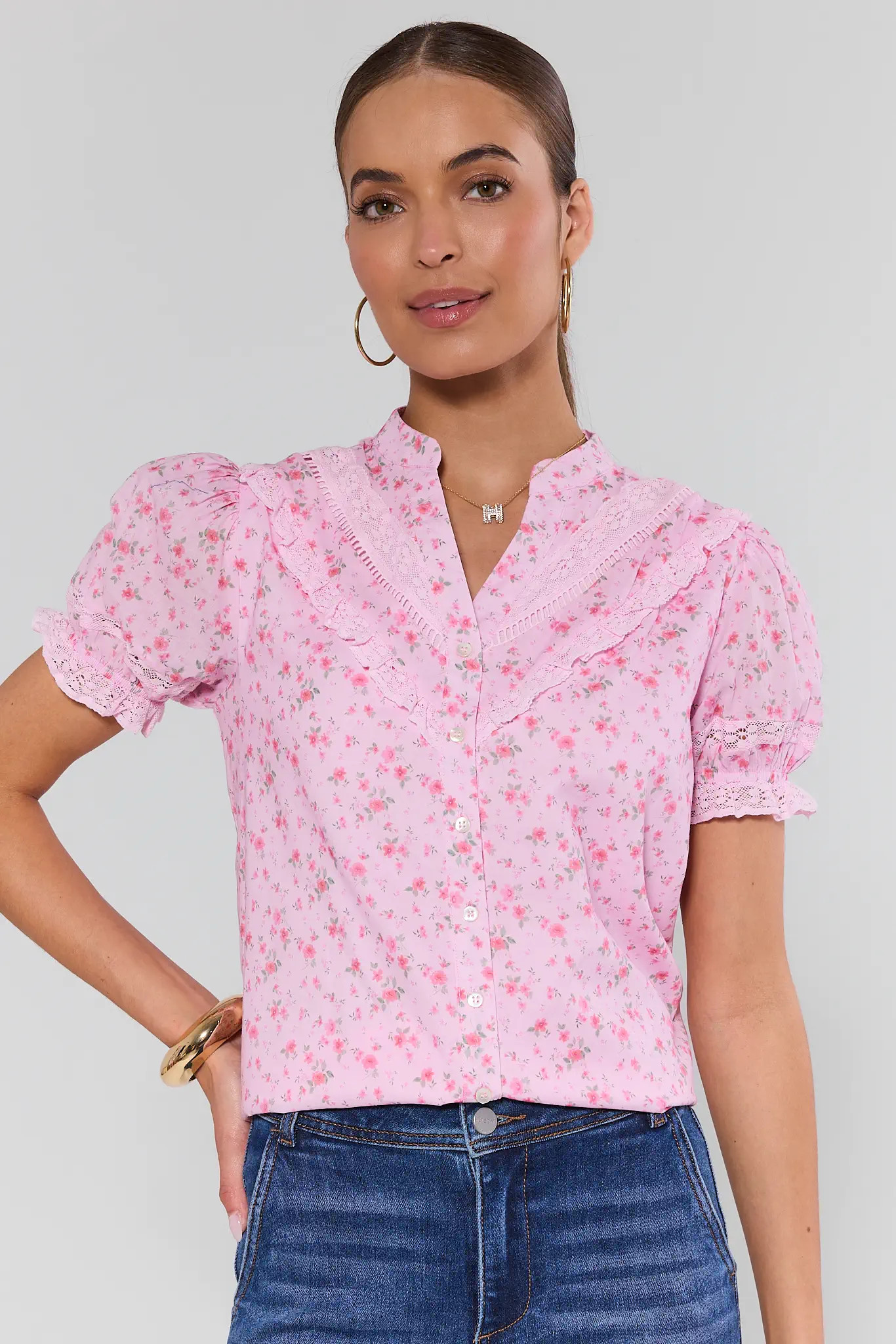 Cora Pink Floral Button Up Top | Avara