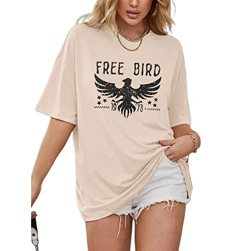 Vintage Rock Band T-Shirts for Women Retro Free Bird Eagle Graphic Country Music Tees Casual Loose Short Sleeve Tops(Beige, L) | Amazon (US)