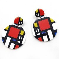 Mondrian Inspired Round Or Square Pendant Earrings in Laser-Carved Plexiglass Red Yellow Blue | Etsy (US)