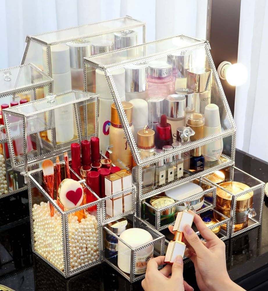 Glass Makeup Organizer for Vanity/ Stackable 2Pieces Drawer Set / Antique Countertop Vanity Cosme... | Amazon (US)