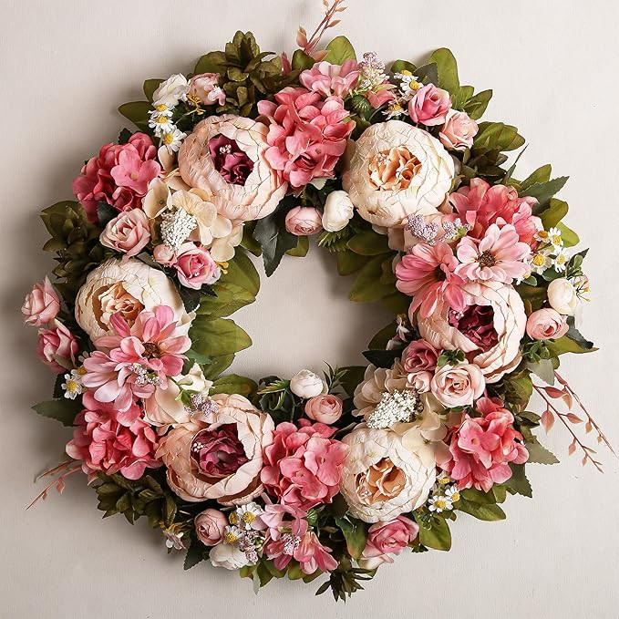 Peony Wreath 18'' Spring Wreaths for Front Door, Artificial Large Floral Wreath for Front Door Wa... | Amazon (US)