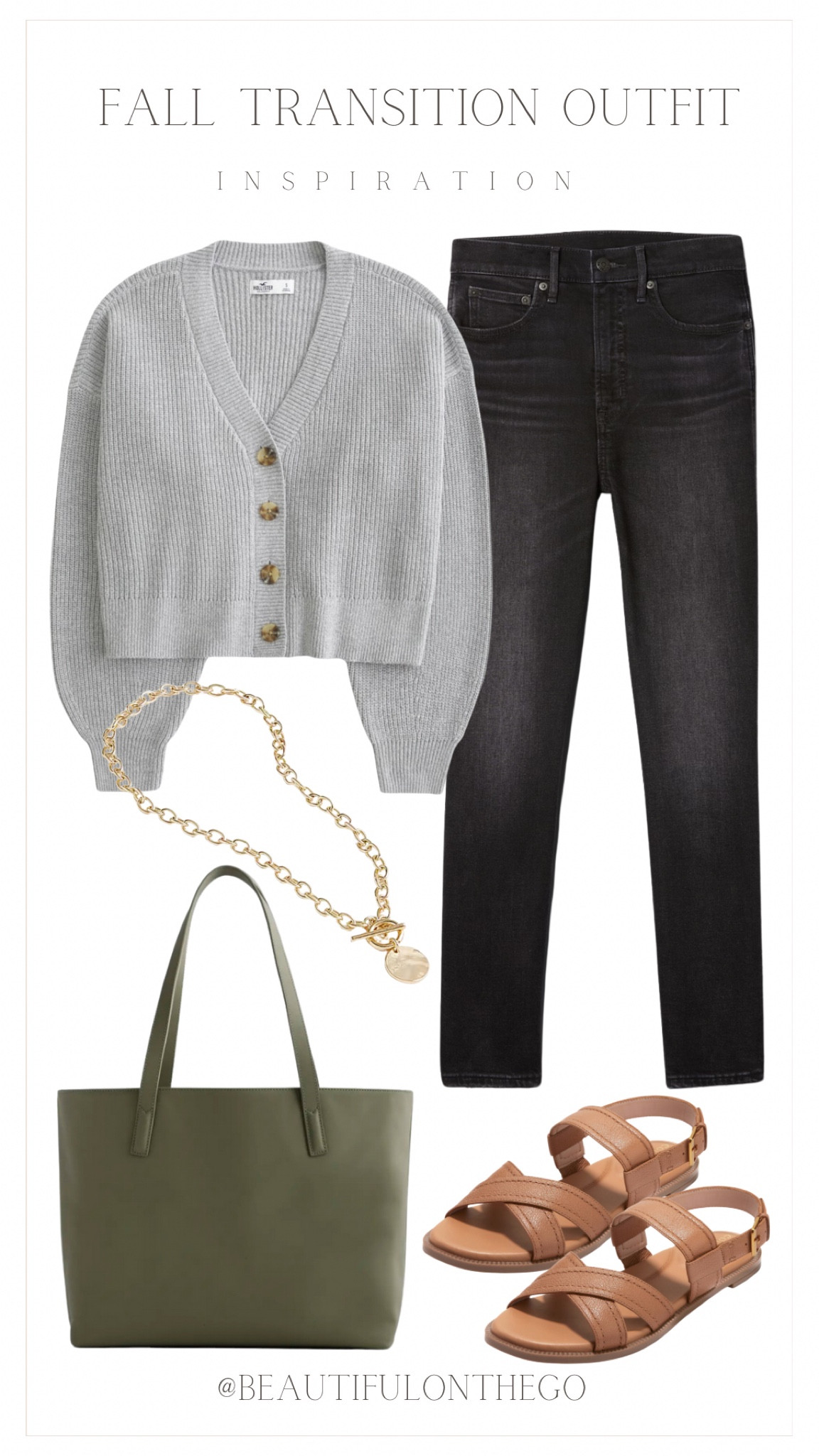 Fall transition outfit! Black jeans, gray cardigan, neutral tote, glad necklace, brown sandals. 

#J.crew
#J.crewfactory
#DSW
#Hollister
#Quince
#casualfallstyle
#casualfalloutfit


#LTKStyleTip #LTKBacktoSchool #LTKWorkwear