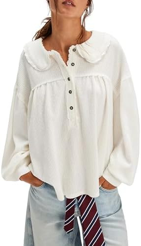 Women's Waffle Knit Tops Collared Solid Color Pullover Long Sleeve V Neck Loose Tunic Babydoll To... | Amazon (US)