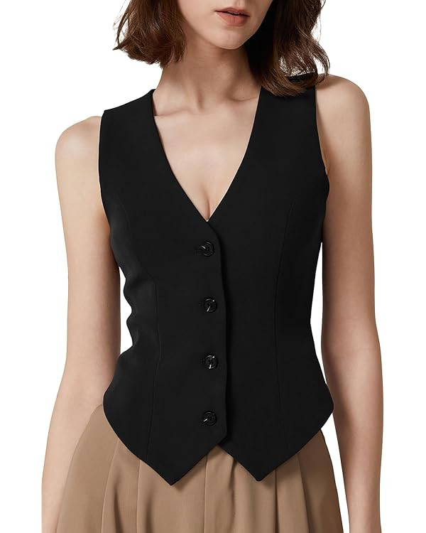 QINSEN Womens V Neck Vest Top Sleeveless Button Down Fully Lined Solid Going Out Crop Tops | Amazon (US)