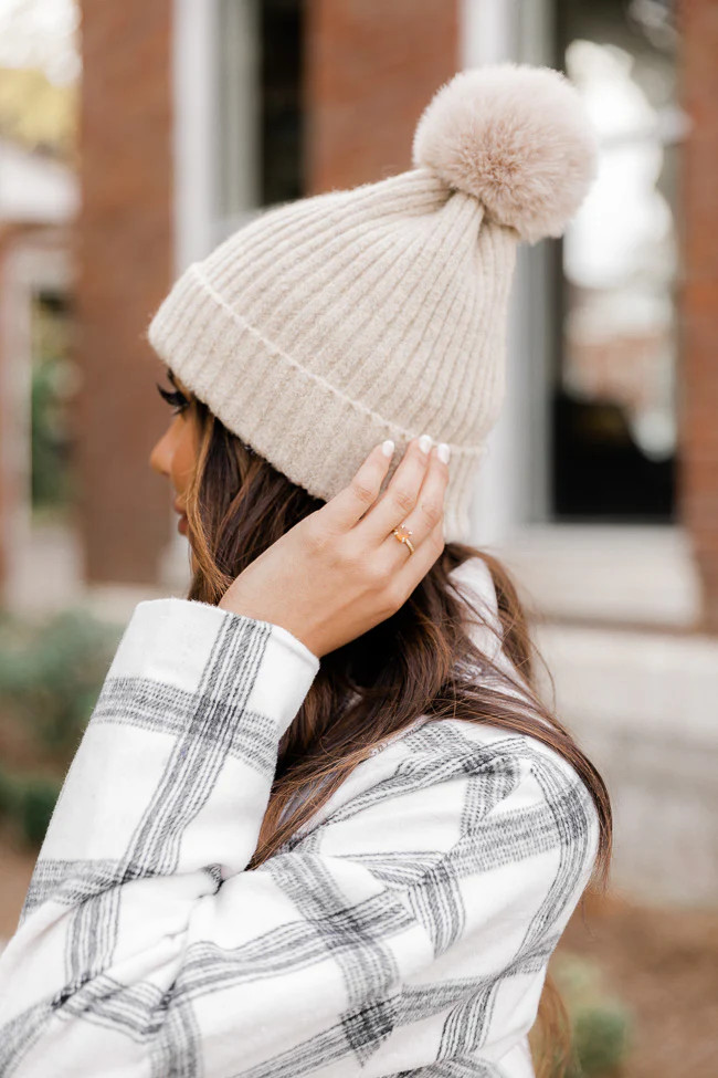 Cabin Escape Beige Pom Beanie | The Pink Lily Boutique