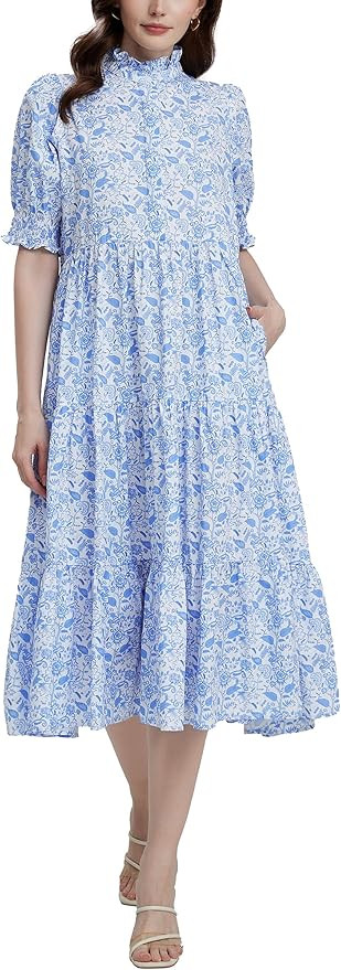 D-Sun Women Floral V-Neck Maxi Dress Button Down Printed Short Puff Sleeve Tiered Collared Flowy ... | Amazon (US)