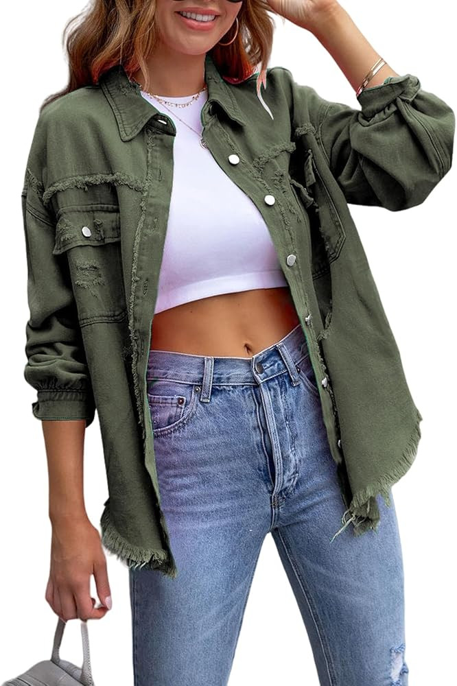Perbai Womens Oversized Ripped Denim Jacket Frayed Hem Button Front Boyfriend Jean Coat Western S... | Amazon (US)