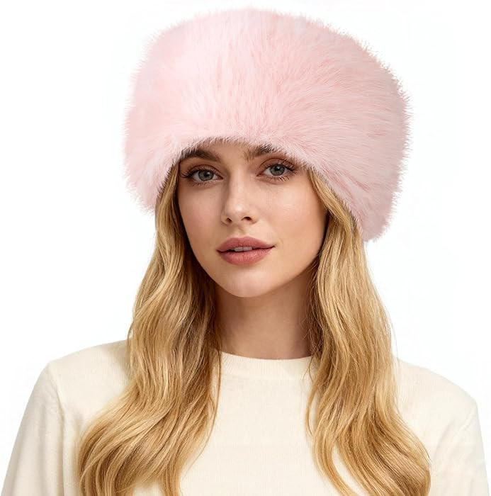 HH HOFNEN Faux Fur Headband for Women Winter Fur Hat with Stretch Ear Warmer Earmuff Pink | Amazon (US)