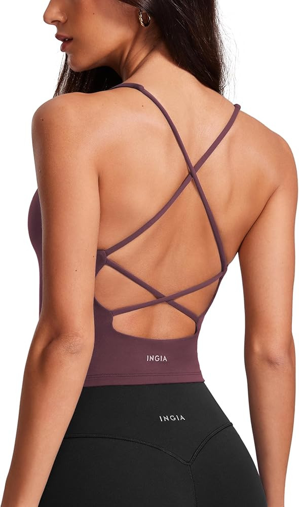 Womens V Neck Padded Tank Tops Spaghetti Criss Cross Strap Statement Strappy Back Casual Crop Top | Amazon (US)