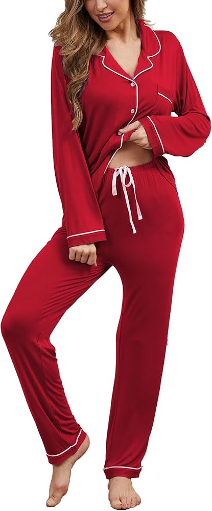 Pajama Sets Women Soft Long Sleeve Button Down Sleepwear Classic Ladies Pjs Lightweight Lounge Se... | Amazon (US)