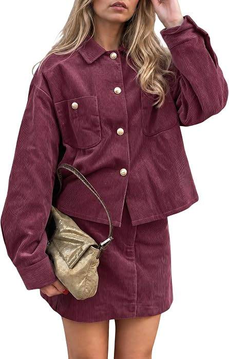 Tankaneo Womens Corduroy 2 Piece Skirt Set Button Down Shacket Mini Skirt | Amazon (US)