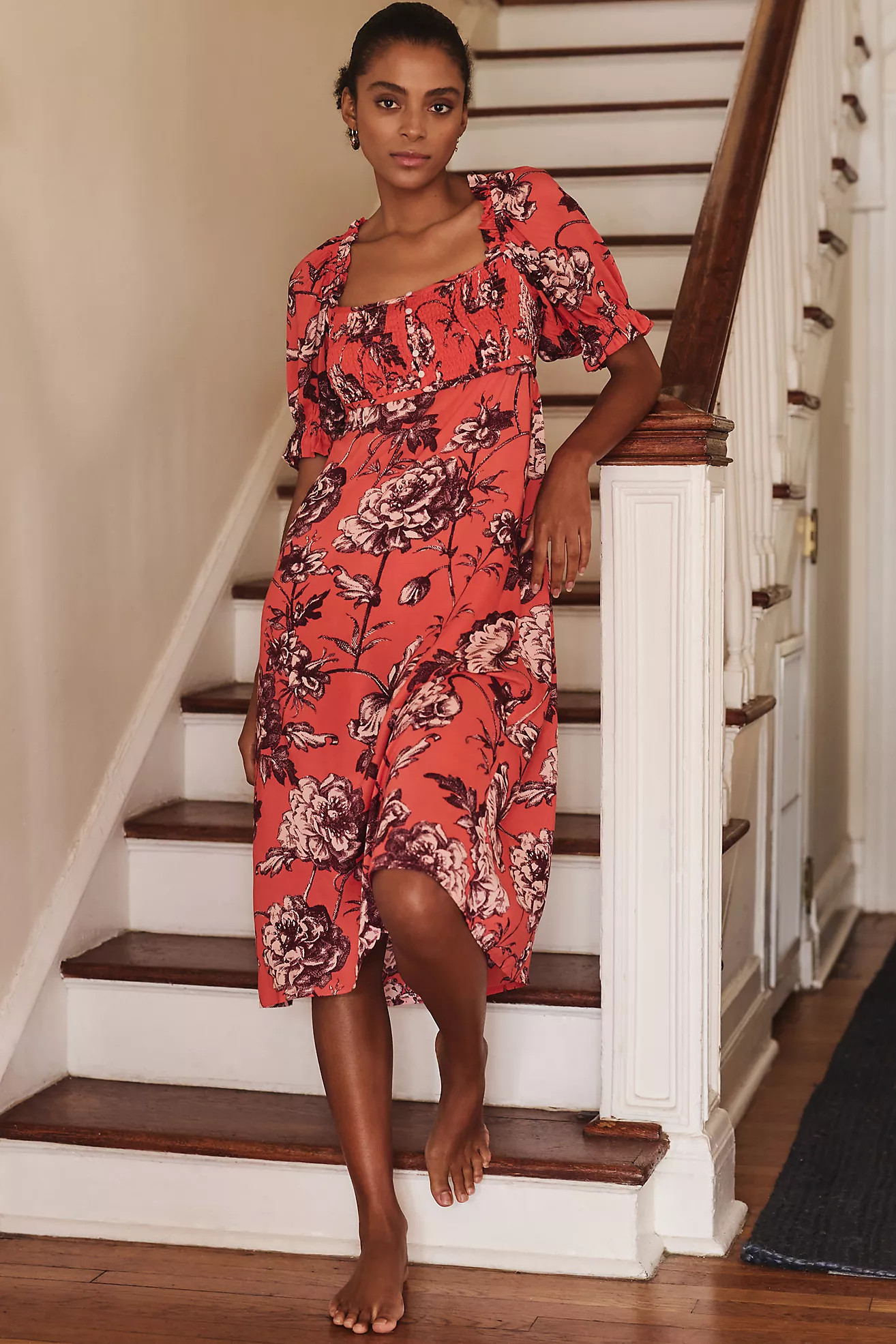 By Anthropologie Puff-Sleeve Smocked Midi Dress | Anthropologie (UK)