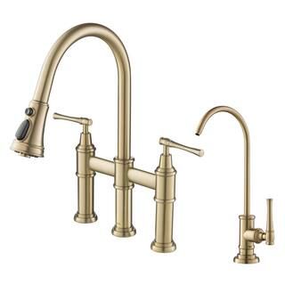 Allyn Transitional 2-Handle Bridge Kitchen Faucet and Water Filtration Faucet in Brushed Gold | The Home Depot