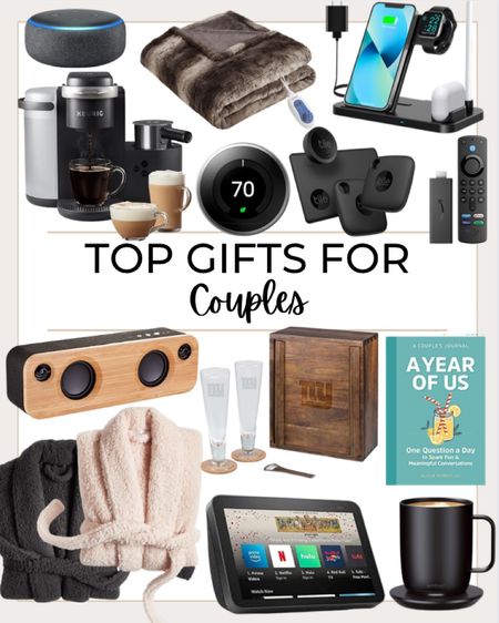 Gift ideas for couples include charging station, fire tv stick, tile technology, nest smart thermostat, heated throw blanket, keurig coffee machine, echo dot, matching bath robes, Bluetooth speaker, NFL team beer mugs, couples journal book, echo show, and smart mug coffee warmer.

Couples gifts, gift guide, gifts for couples, parents gifts, grandparent gifts, mom and dad gifts, gifts for her, gifts for him, home gadgets

#LTKunder100 #LTKhome #LTKGiftGuide