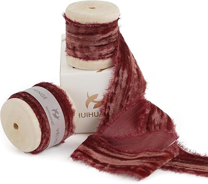 HUIHUANG Rust Red Velvet Ribbon 1 inch Frayed Silk Velvet Ribbon Fringe for Gift Wrapping, Floral... | Amazon (US)