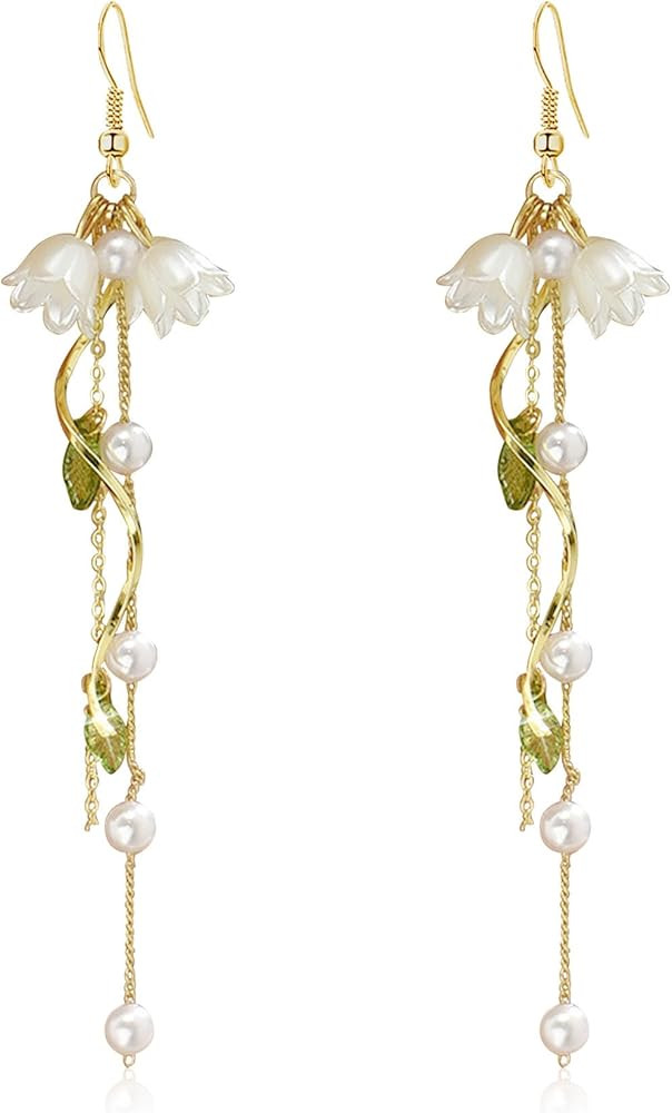 Dangle Flower Leaf Earring White Fairy Flower Summer Dangling Long Tassel Earrings Lily Of The Va... | Amazon (US)