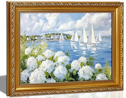 Vintage Gold Frame 3D Texture Coastal Floral Wall Art Summer Ocean Aesthetics Sailing Painting Picture Wall Decor White Hydrangea Poster Print Artwork for Kitchen Bedroom Living Room Home Decoration | Amazon (US)