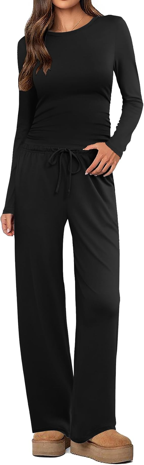 Ekouaer Women's 2 Piece Set 2026 Ruched Long Sleeve Top Wide Leg Pants | Casual Two Piece Outfit,... | Amazon (US)