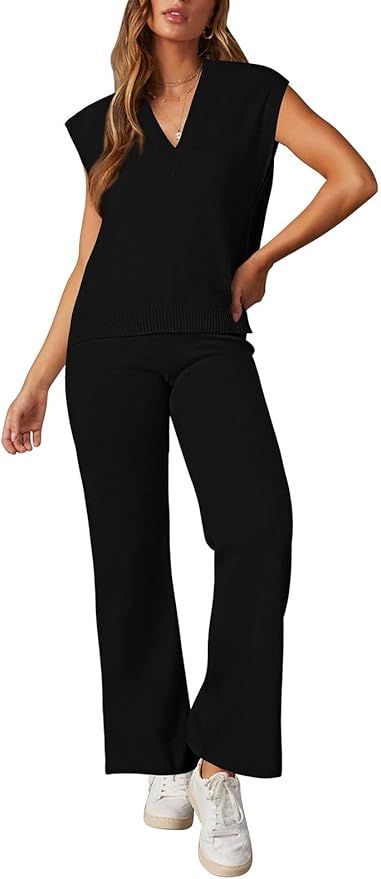 Viottiset Women's 2 Piece Outfits Sweater Vest Lounge Set V Neck Sleeveless Sweaters Wide Leg Pan... | Amazon (US)