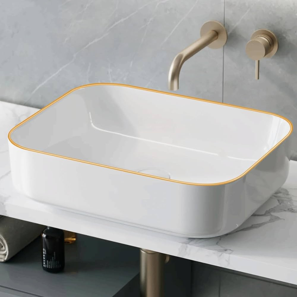 FAHKNS Ceramic Bathroom Sink Rectangular 19.6 X 15.7 Inch White Elegant Modern Style Gold Rim Ves... | Amazon (US)