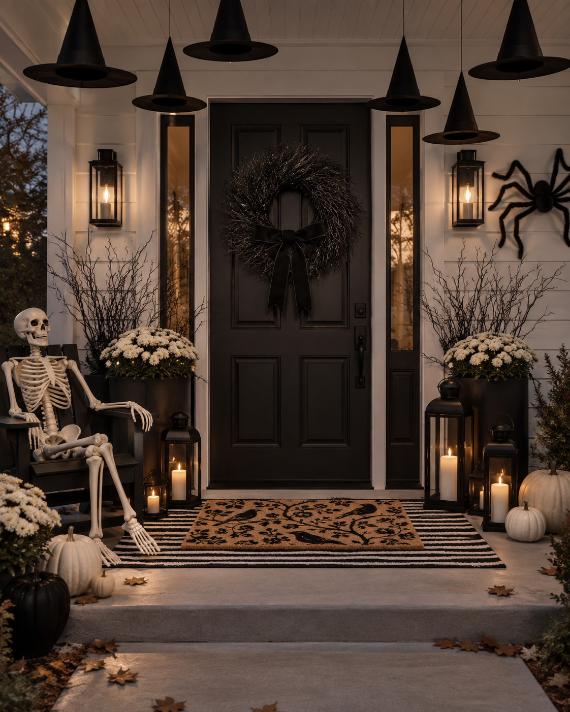 Affordable Halloween Outdoor Decor at Walmart that you can incorporate for your home! From $24.97 five foot skeleton, wreath, doormat, lantern, witch hats, etc. 

(AI-generated image for room scene)
 

 #LTKSeasonal #LTKHome #LTKSaleAlert