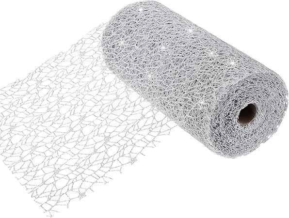 9. 8 Inch x 20 Yards Wide Christmas Mesh Ribbon Silver Glittered Ribbons Metallic Decorative Mesh... | Amazon (US)