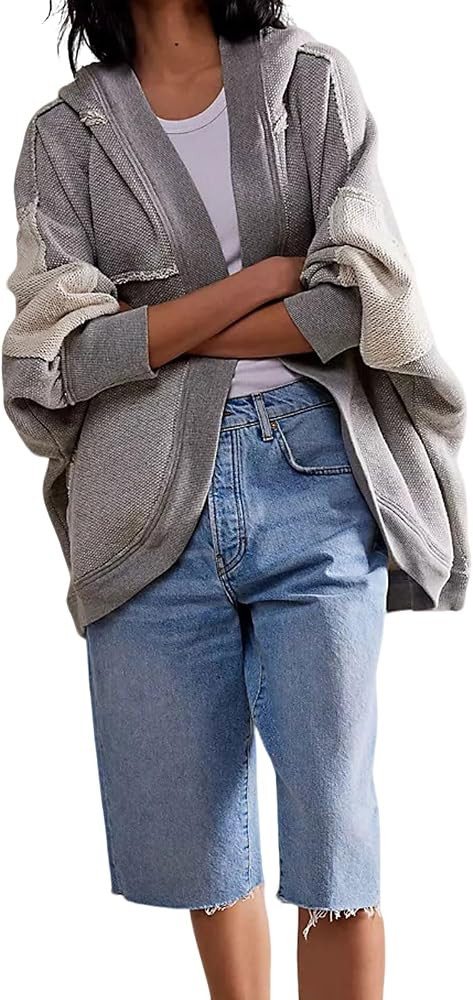 loveimgs Women Y2k Retro Open Front Hoodie Cardigan Sweatshirt Boyfriend Long Sleeve Hooded Patch... | Amazon (US)