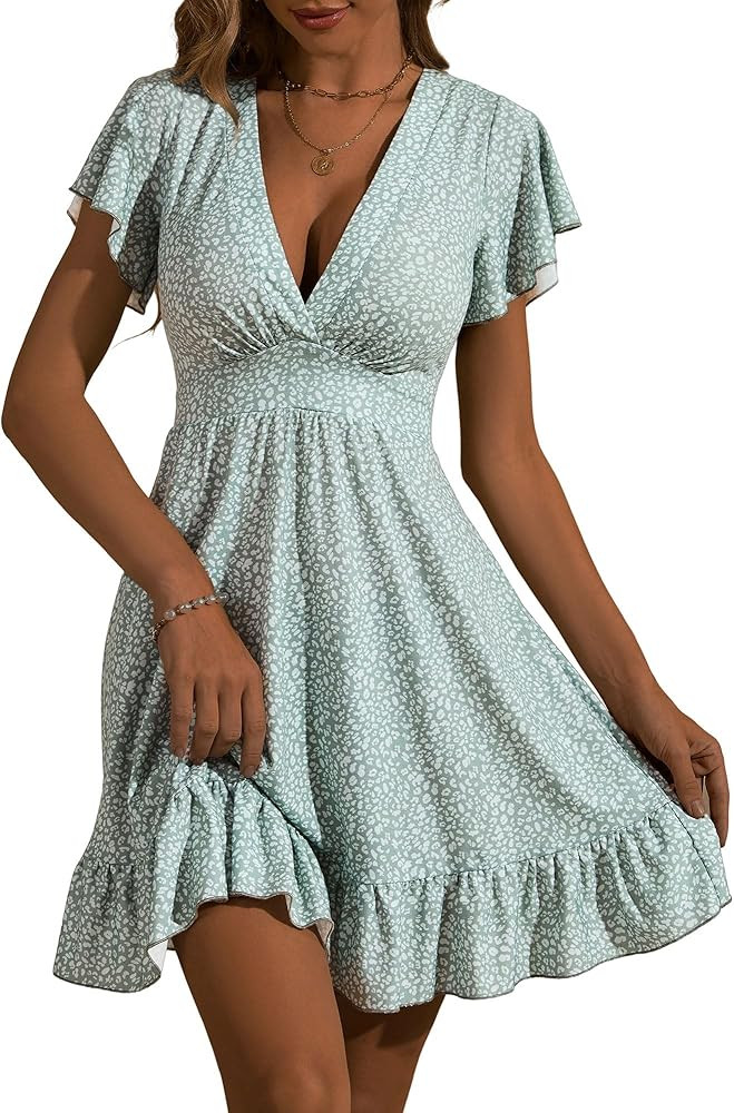 TORARY Womens Summer Dresses 2025 Floral Cap Sleeve Wrap V Neck Ruffle A-Line Sun Dress | Amazon (US)