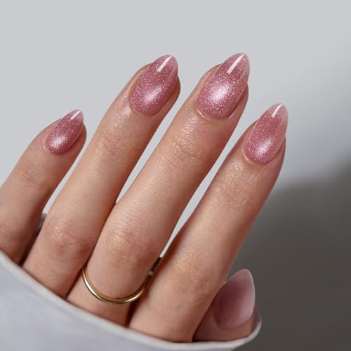 BTArtbox Press On Nails Short - Lamp-Curable Pink Cat Eye Almond Press On Nails with Glue for Wom... | Amazon (US)