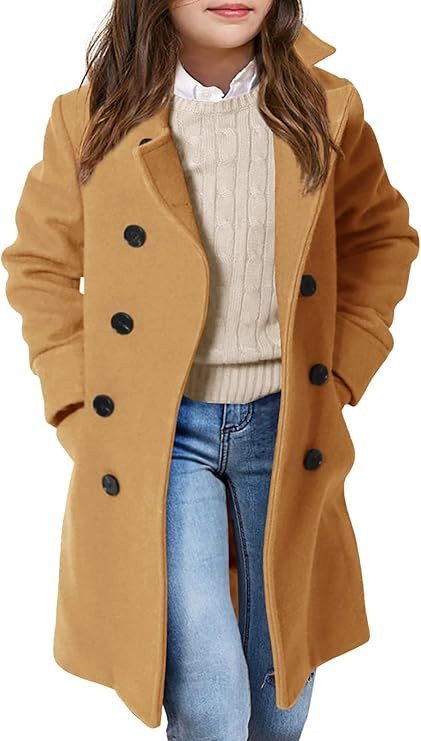 Haloumoning Girls Double Breasted Trench Coat Kids Notch Lapel Long Peacoat with Pockets 5-14 Yea... | Amazon (US)