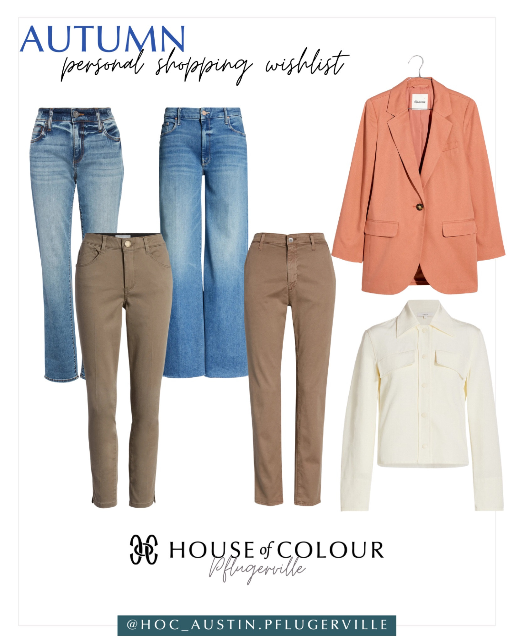 Personal shopping for an #hocautumn client — these are her wishlist items that are saved for future purchase

House of Colour Autumn 
#Hocautumn 
Mother denim warm wash 
Rust blazer 
Cream shacket