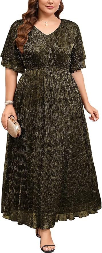ZOMVA Plus Size 0X-4X Sparkly Mesh Maxi Formal Dress Ruffle Sleeves V Neck A-line Flowy Dress Eve... | Amazon (US)