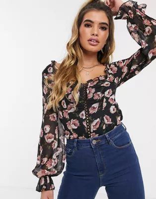 Missguided square neck bodysuit with puff sleeves in floral print | ASOS US