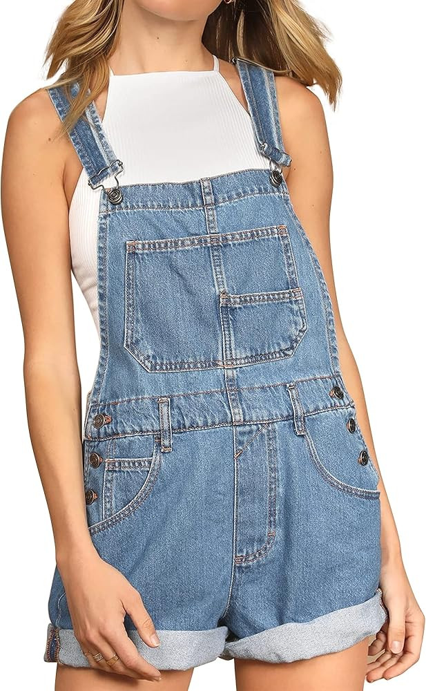 Hixiaohe Women's Classic Denim Shortalls Adjustable Strap Bib Overall Shorts Romper Cuffed Hem Je... | Amazon (US)