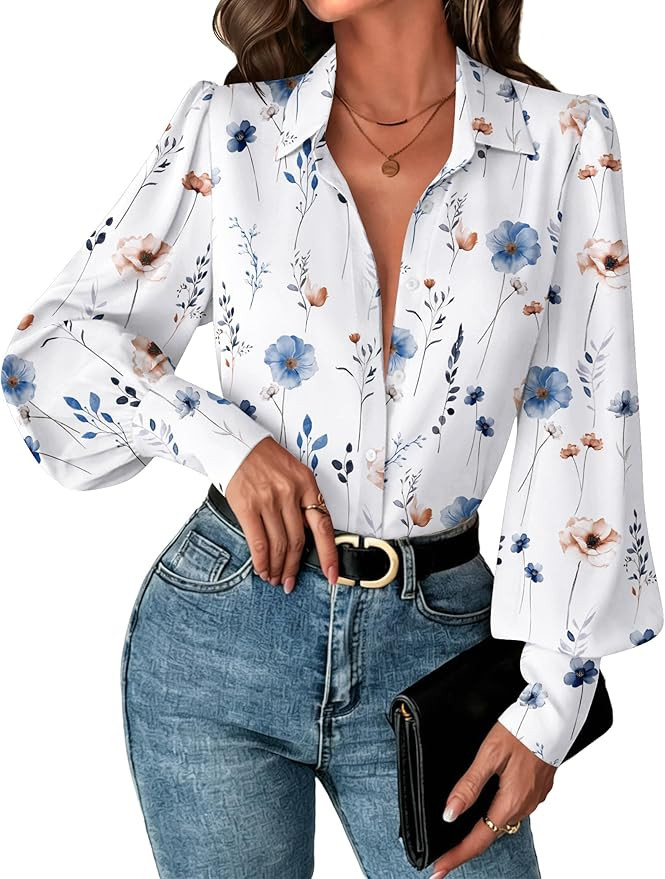 Zeagoo Women Button Down Shirts Lantern Long Sleeve Tops Business Casual Chiffon Blouses Trendy W... | Amazon (US)